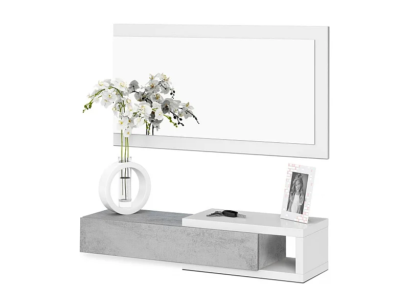 Mueble de recibidor con espejo Derek Blanco Artik (Blanco Mate) - Gris Cemento