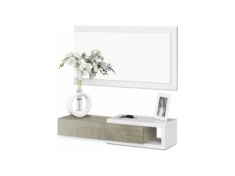 Mueble de recibidor con espejo Derek Blanco Artik (Blanco Mate) – Roble Alaska