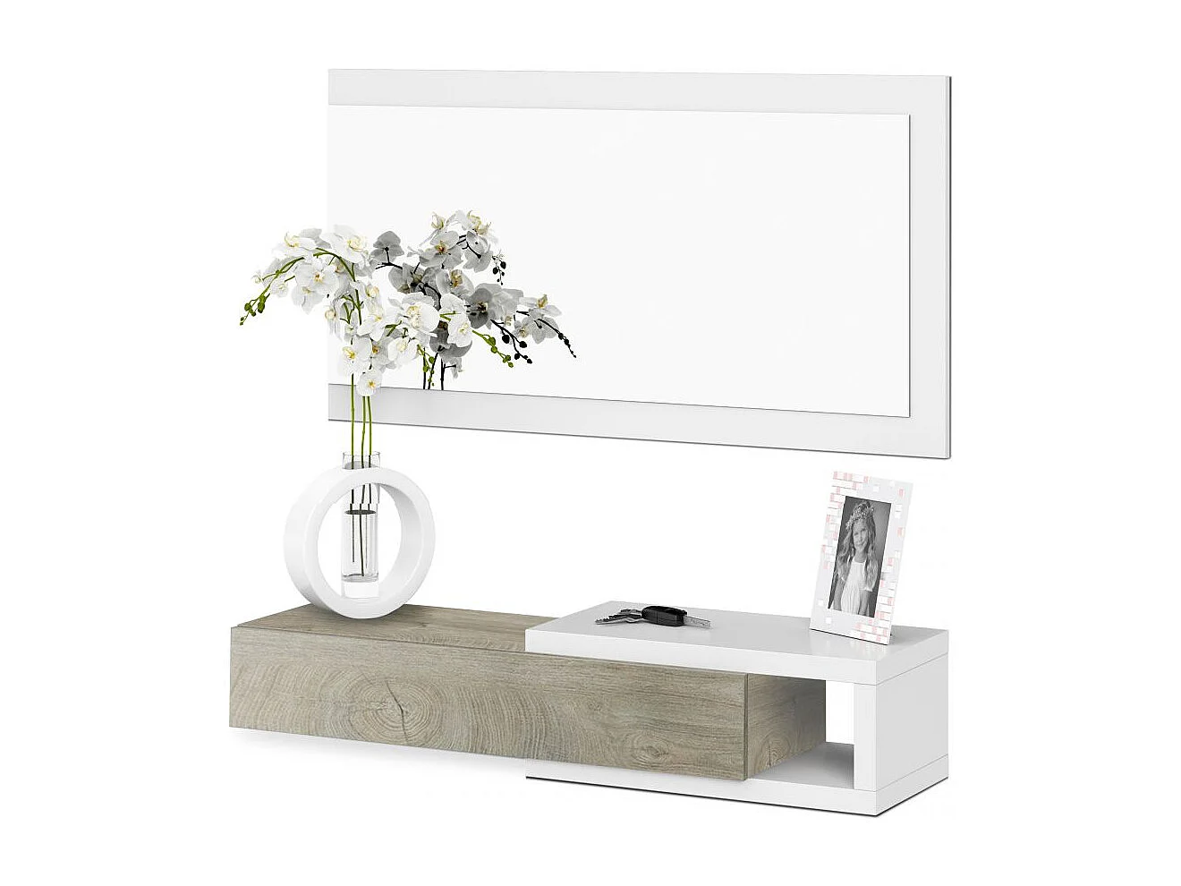 Mueble de recibidor con espejo Derek Blanco Artik (Blanco Mate) – Roble Alaska