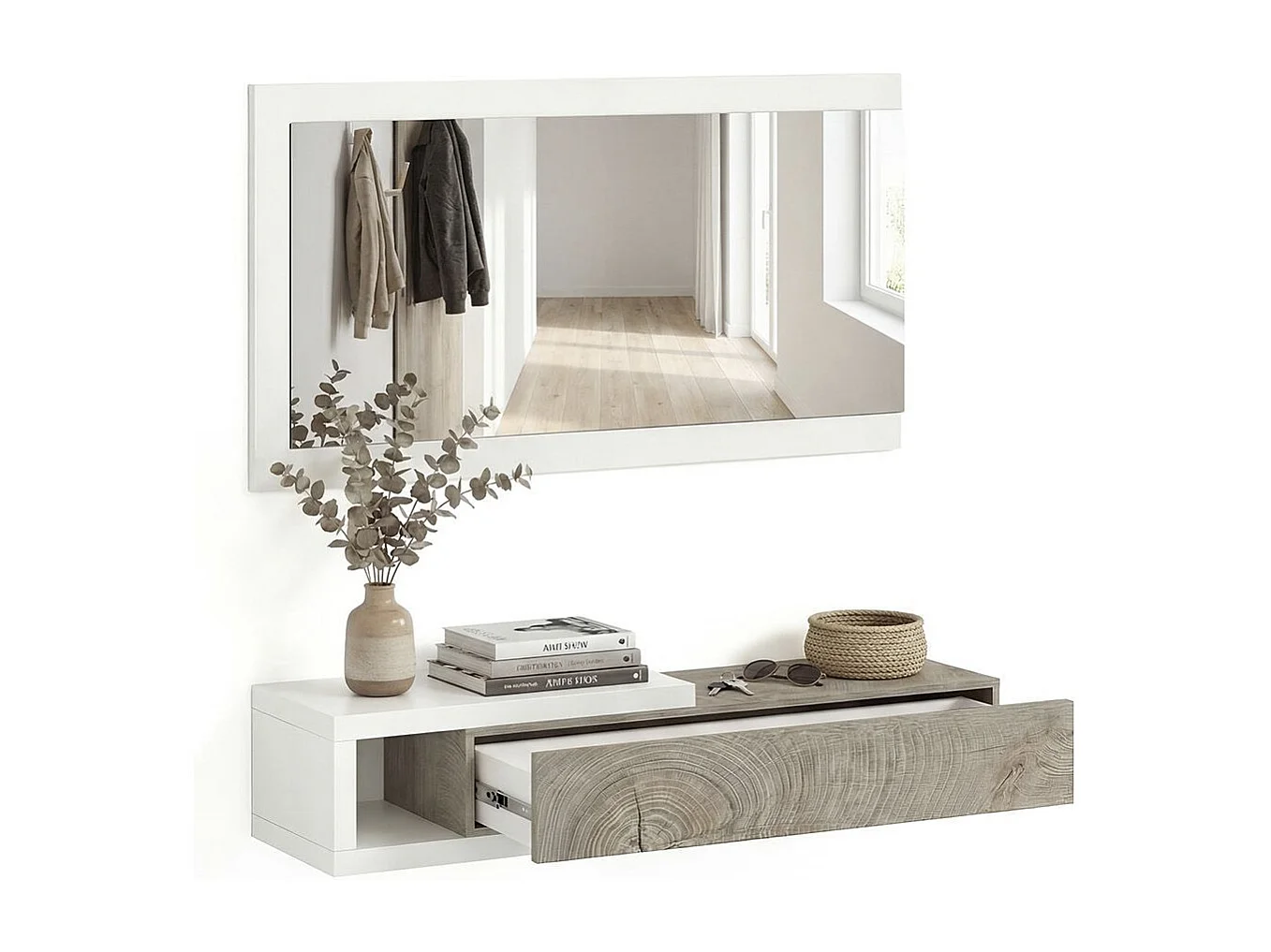 Mueble recibidor con 1 cajón y espejo en blanco mate y roble alaska 95 cm Derek Blanco Artik (Blanco Mate) – Roble Alaska