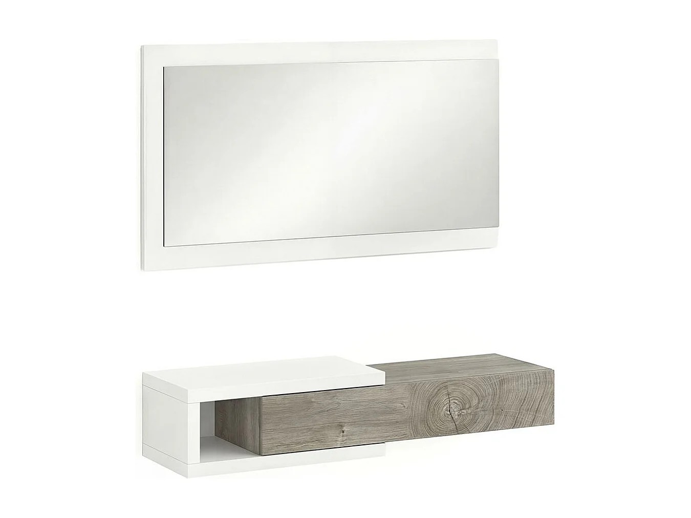 Mueble recibidor con 1 cajón y espejo en blanco mate y roble alaska 95 cm Derek Blanco Artik (Blanco Mate) – Roble Alaska