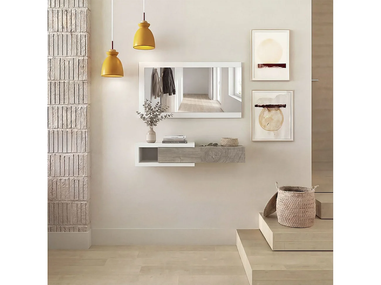 Mueble recibidor con 1 cajón y espejo en blanco mate y roble alaska 95 cm Derek Blanco Artik (Blanco Mate) – Roble Alaska