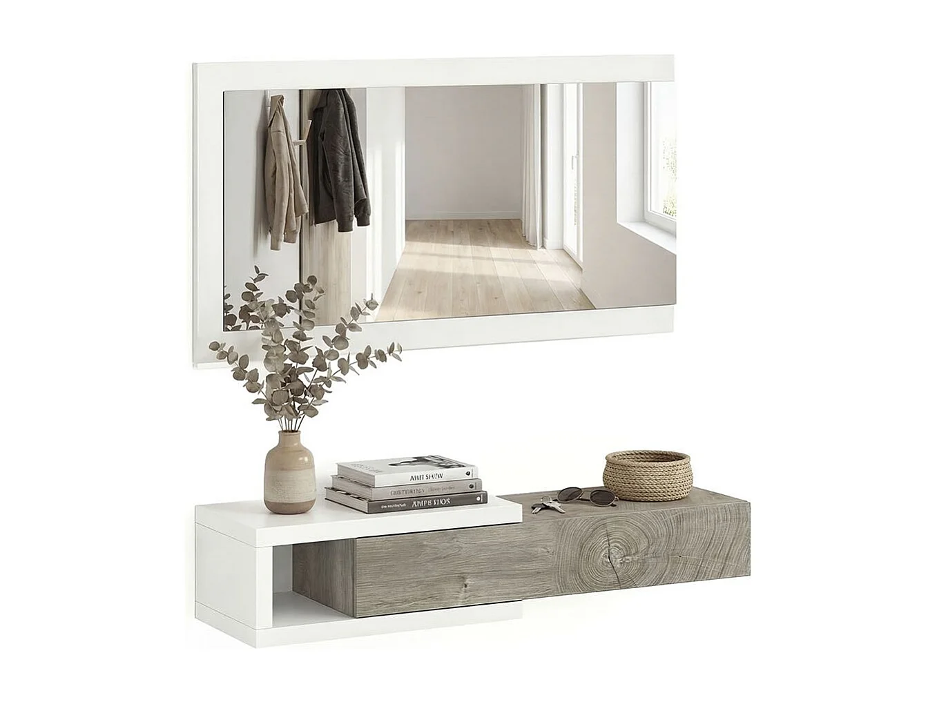 Mueble recibidor con 1 cajón y espejo en blanco mate y roble alaska 95 cm Derek Blanco Artik (Blanco Mate) – Roble Alaska