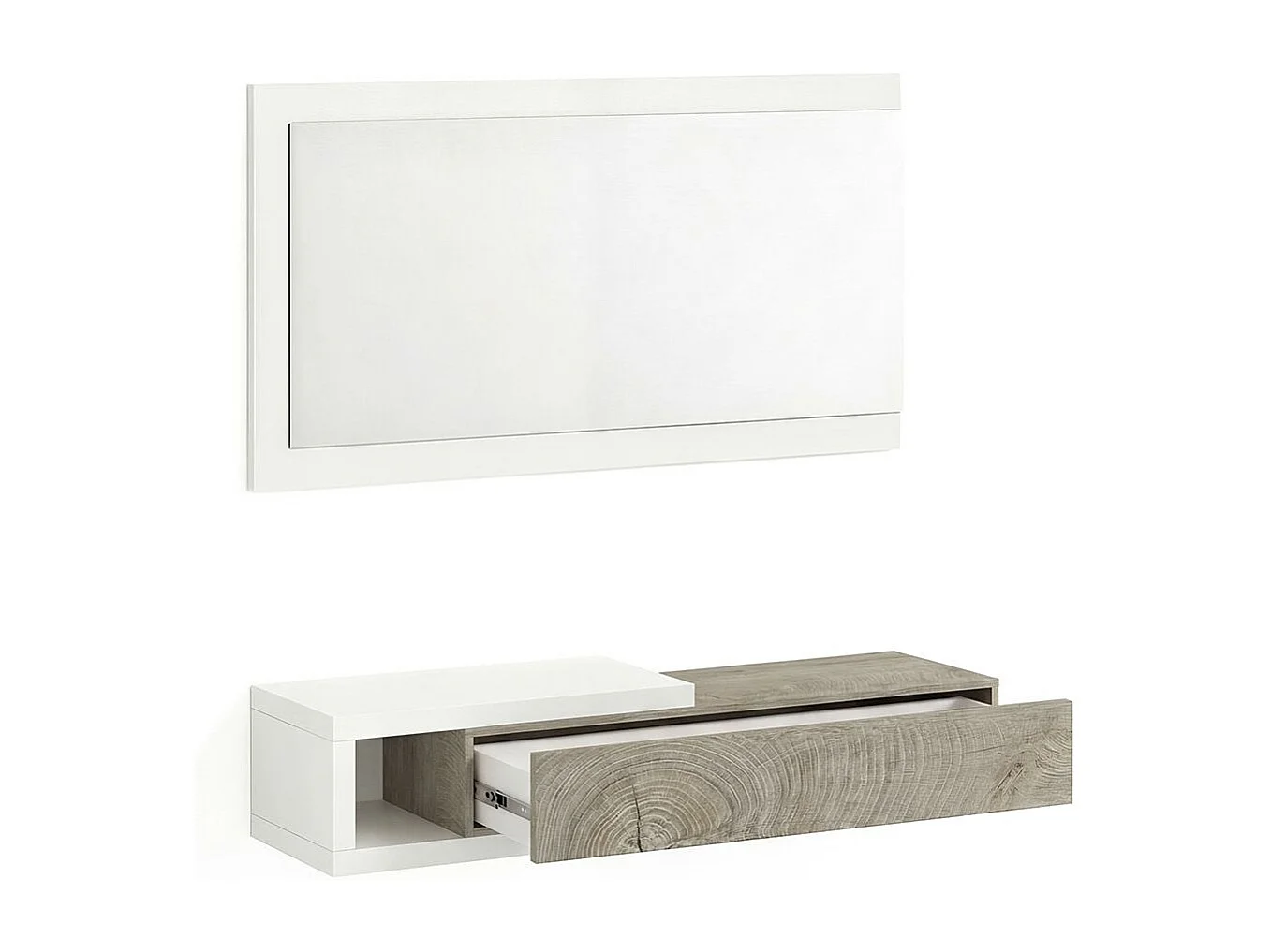 Mueble recibidor con 1 cajón y espejo en blanco mate y roble alaska 95 cm Derek Blanco Artik (Blanco Mate) – Roble Alaska