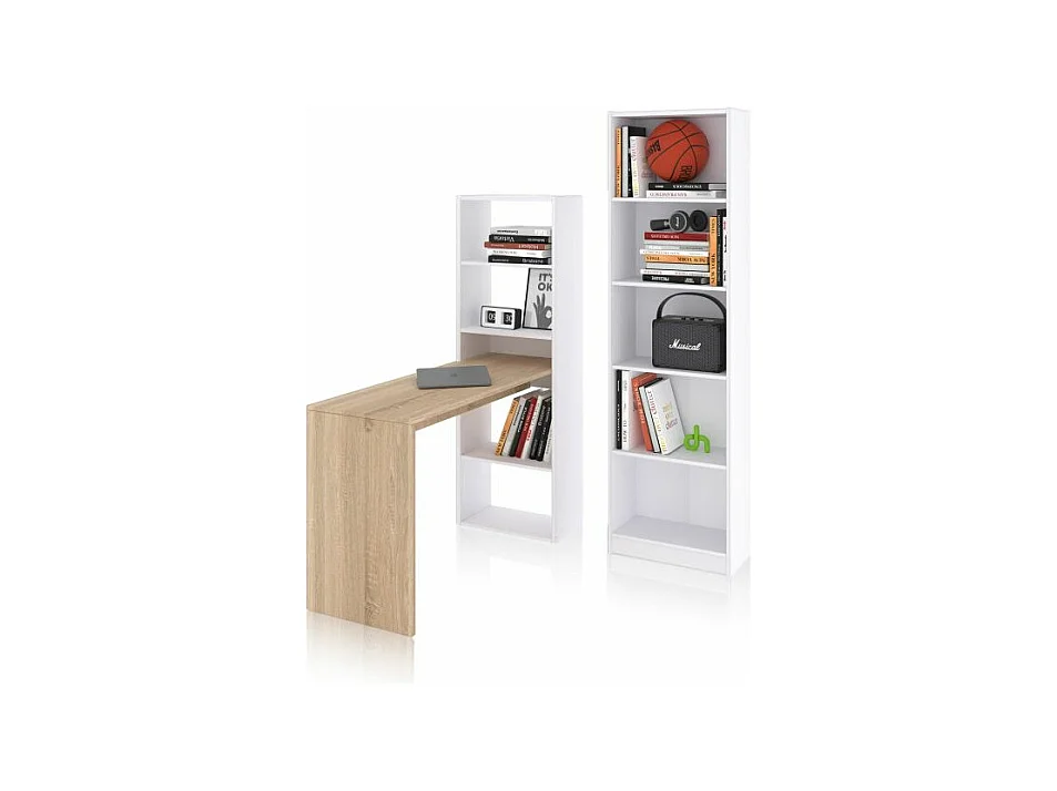 Pack escritorio y estantería Cosmic Plus Blanco Artik (Blanco Mate) - Roble Canadian