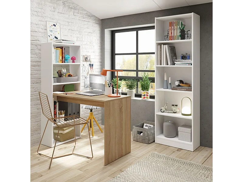 Pack escritorio y estantería Cosmic Plus Blanco Artik (Blanco Mate) - Roble Canadian