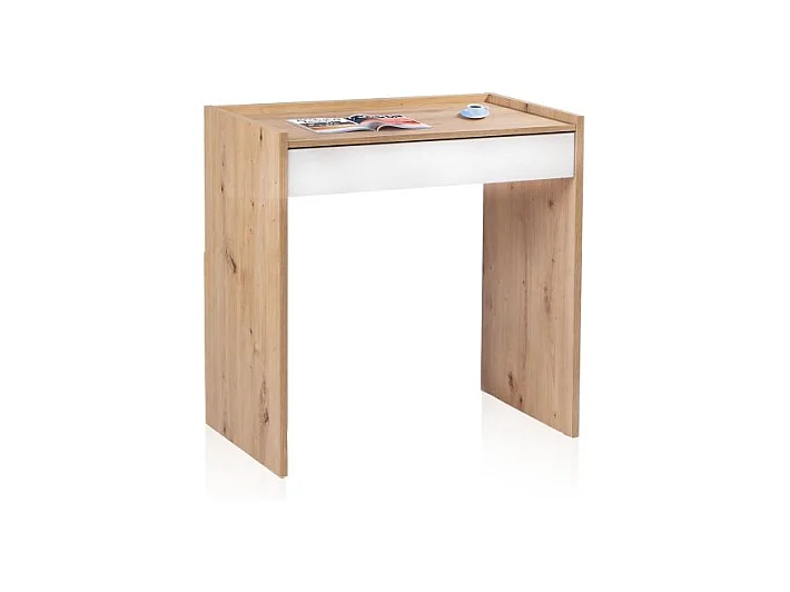 Mesa de escritorio con cajón Dess Blanco Artik (Blanco Mate) - Roble Nodi