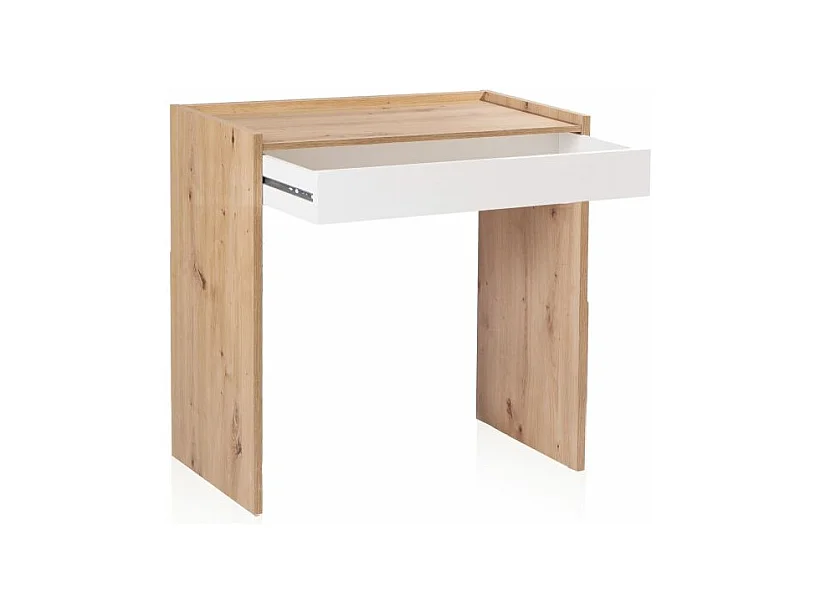 Mesa de escritorio con cajón Dess Blanco Artik (Blanco Mate) - Roble Nodi