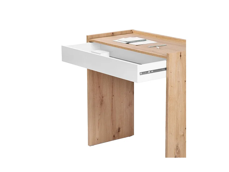 Mesa de escritorio con cajón Dess Blanco Artik (Blanco Mate) - Roble Nodi