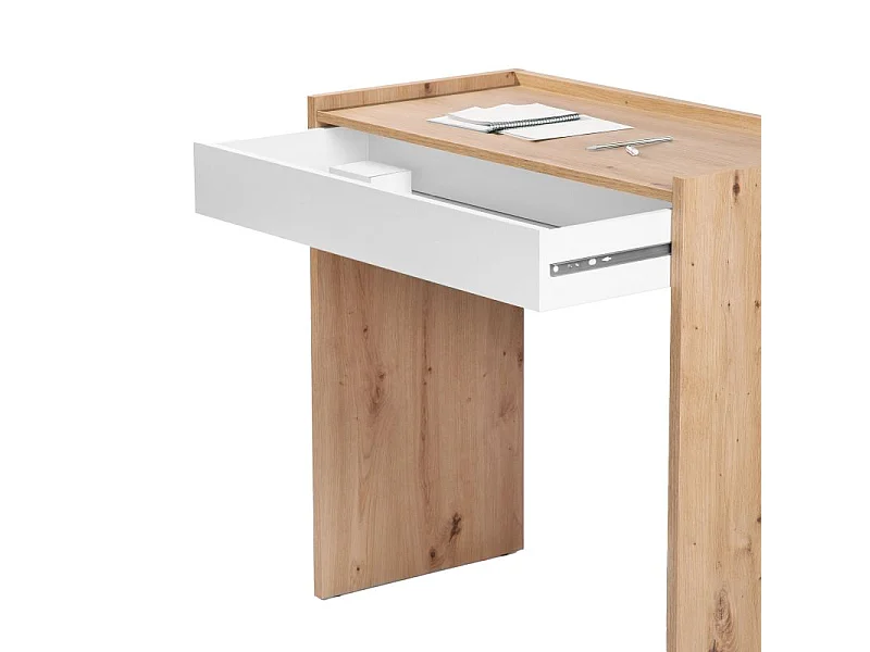 Mesa de escritorio con cajón Dess Blanco Artik (Blanco Mate) - Roble Nodi