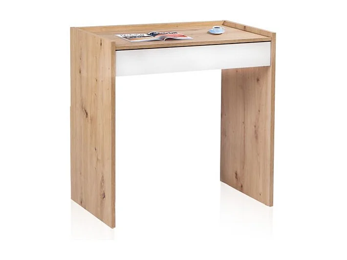 Mesa de escritorio con cajón Dess Blanco Artik (Blanco Mate) - Roble Nodi