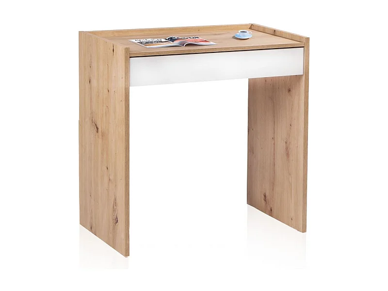 Mesa de escritorio con cajón Dess Blanco Artik (Blanco Mate) - Roble Nodi