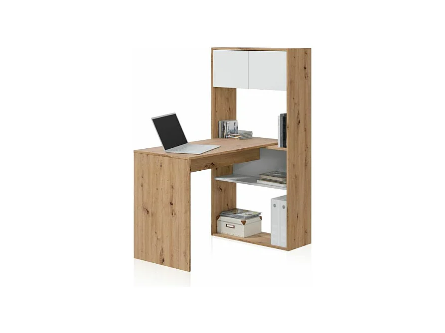 Mesa de escritorio con estantería Dess Blanco Artik (Blanco Mate) - Roble Nodi