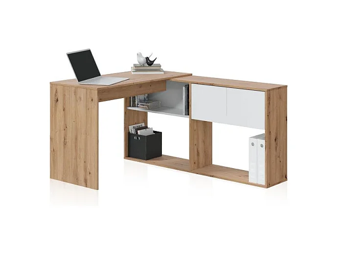 Mesa de escritorio con estantería Dess Blanco Artik (Blanco Mate) - Roble Nodi