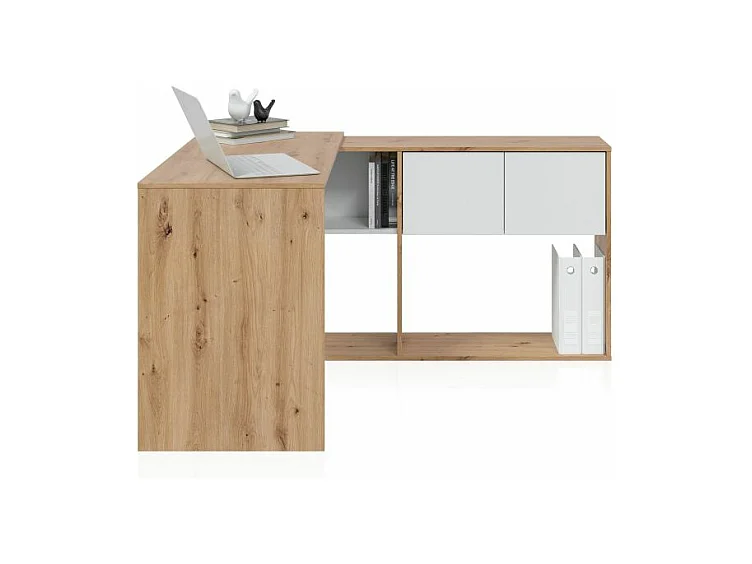 Mesa de escritorio con estantería Dess Blanco Artik (Blanco Mate) - Roble Nodi