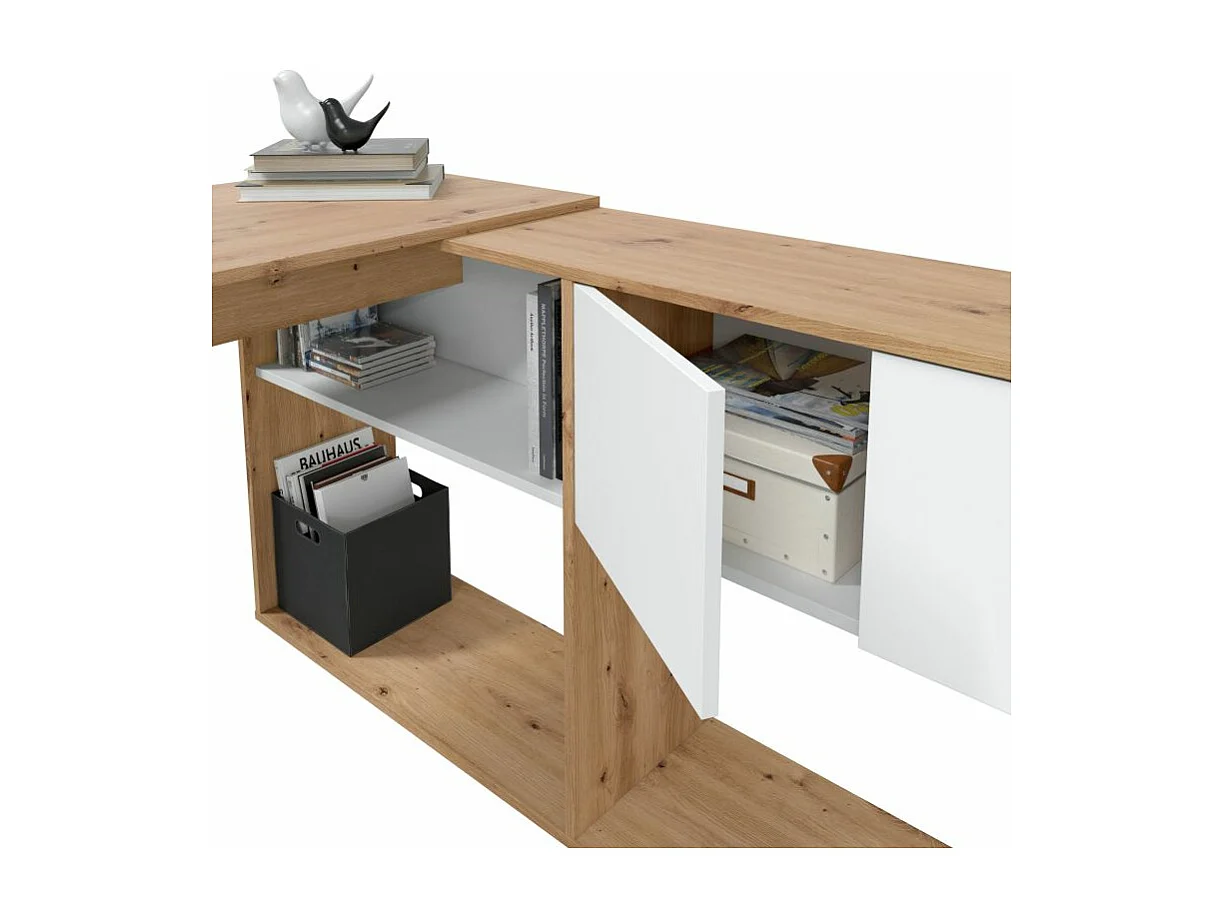 Mesa de escritorio con estantería Dess Blanco Artik (Blanco Mate) - Roble Nodi