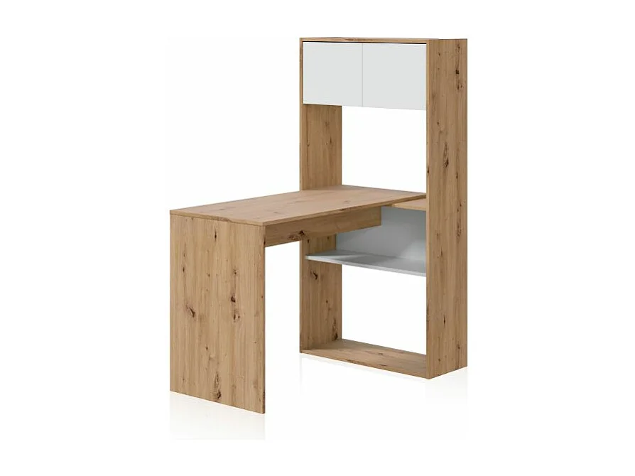 Mesa de escritorio con estantería Dess Blanco Artik (Blanco Mate) - Roble Nodi