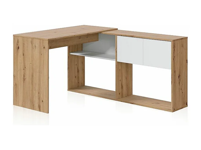 Mesa de escritorio con estantería Dess Blanco Artik (Blanco Mate) - Roble Nodi