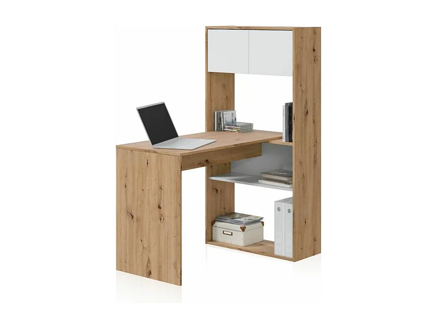 Mesa de escritorio con estantería Dess Blanco Artik (Blanco Mate) - Roble Nodi