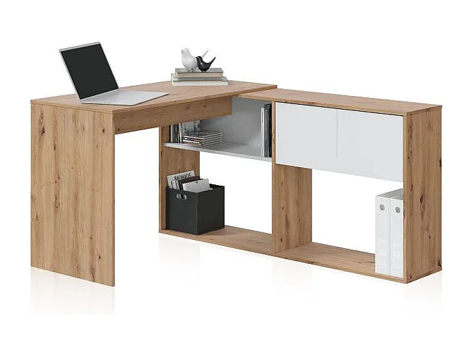 Mesa de escritorio con estantería Dess Blanco Artik (Blanco Mate) - Roble Nodi