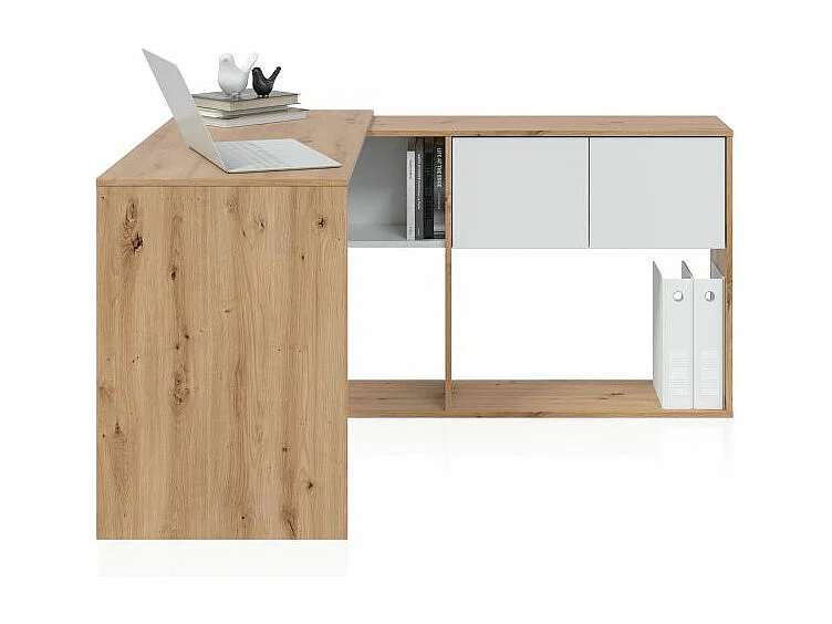 Mesa de escritorio con estantería Dess Blanco Artik (Blanco Mate) - Roble Nodi