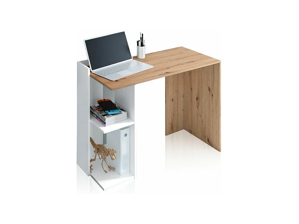 Mesa de escritorio Dess Blanco Artik (Blanco Mate) - Roble Nodi