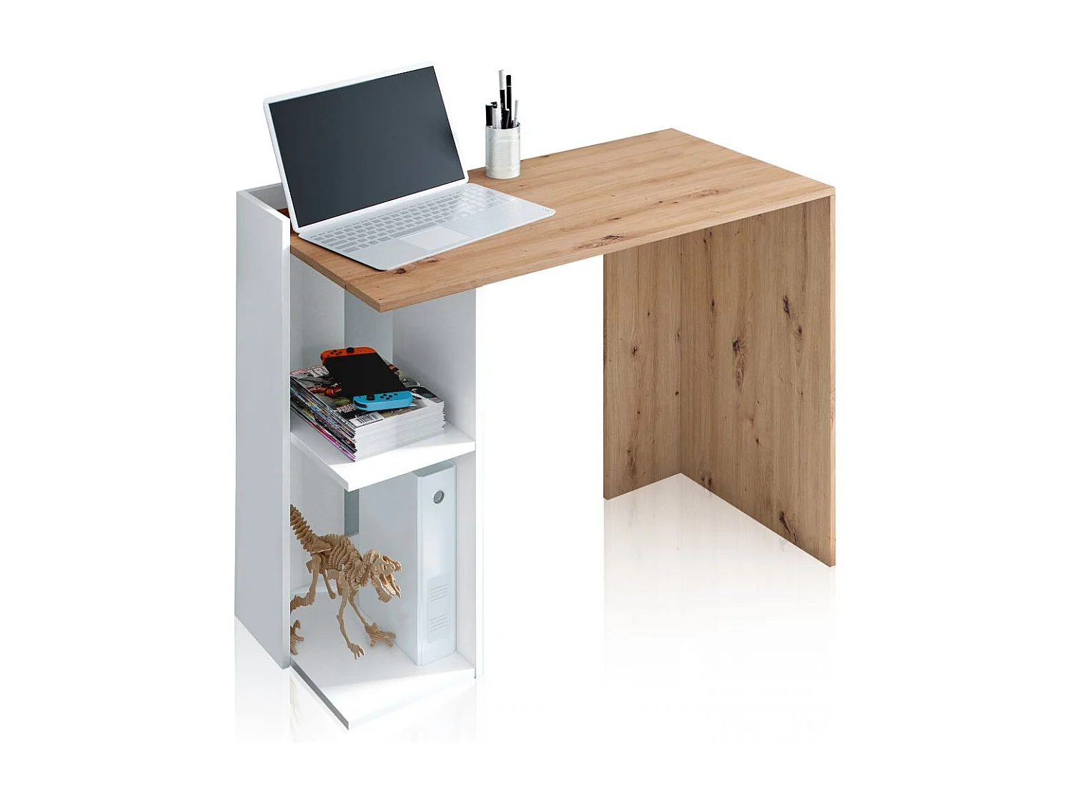Mesa de escritorio con estantería baja lateral en blanco mate y roble nodi 100x50 cm Dess Blanco Artik (Blanco Mate) - Roble Nodi