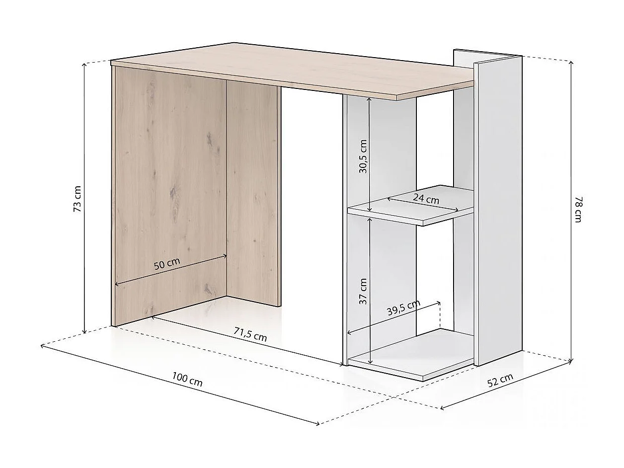 Mesa de escritorio con estantería baja lateral en blanco mate y roble nodi 100x50 cm Dess Blanco Artik (Blanco Mate) - Roble Nodi