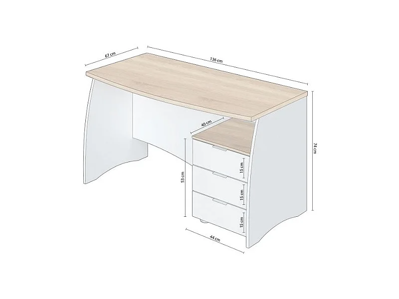 Mesa de escritorio Elan 3 cajones Blanco Artik (Blanco Mate) - Roble Canadian