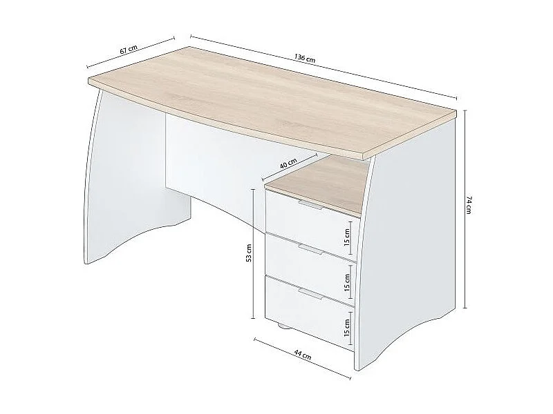 Mesa de escritorio Elan 3 cajones Blanco Artik (Blanco Mate) - Roble Canadian