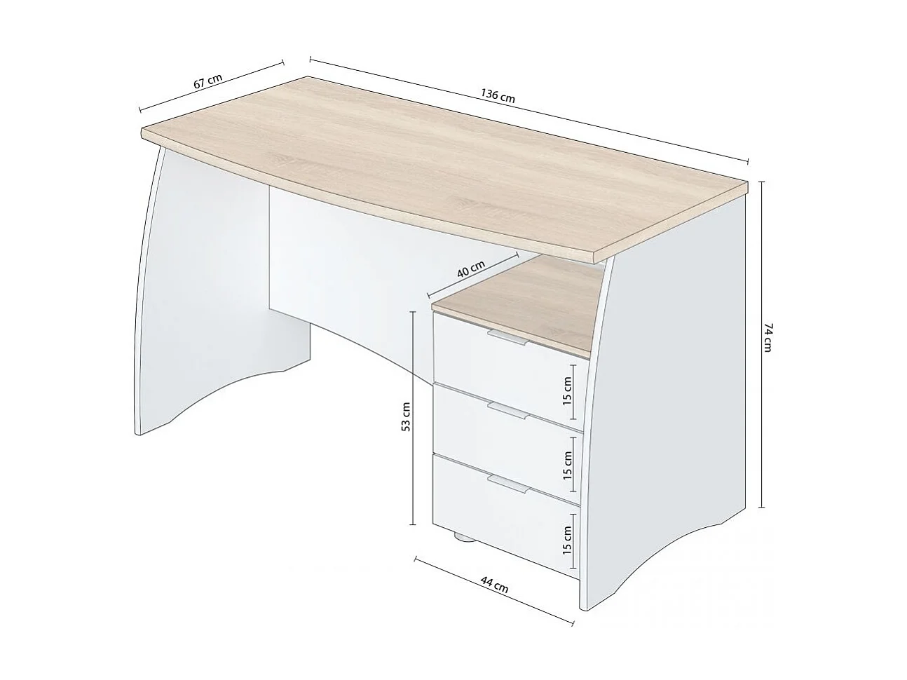 Mesa de escritorio Elan 3 cajones Blanco Artik (Blanco Mate) - Roble Canadian