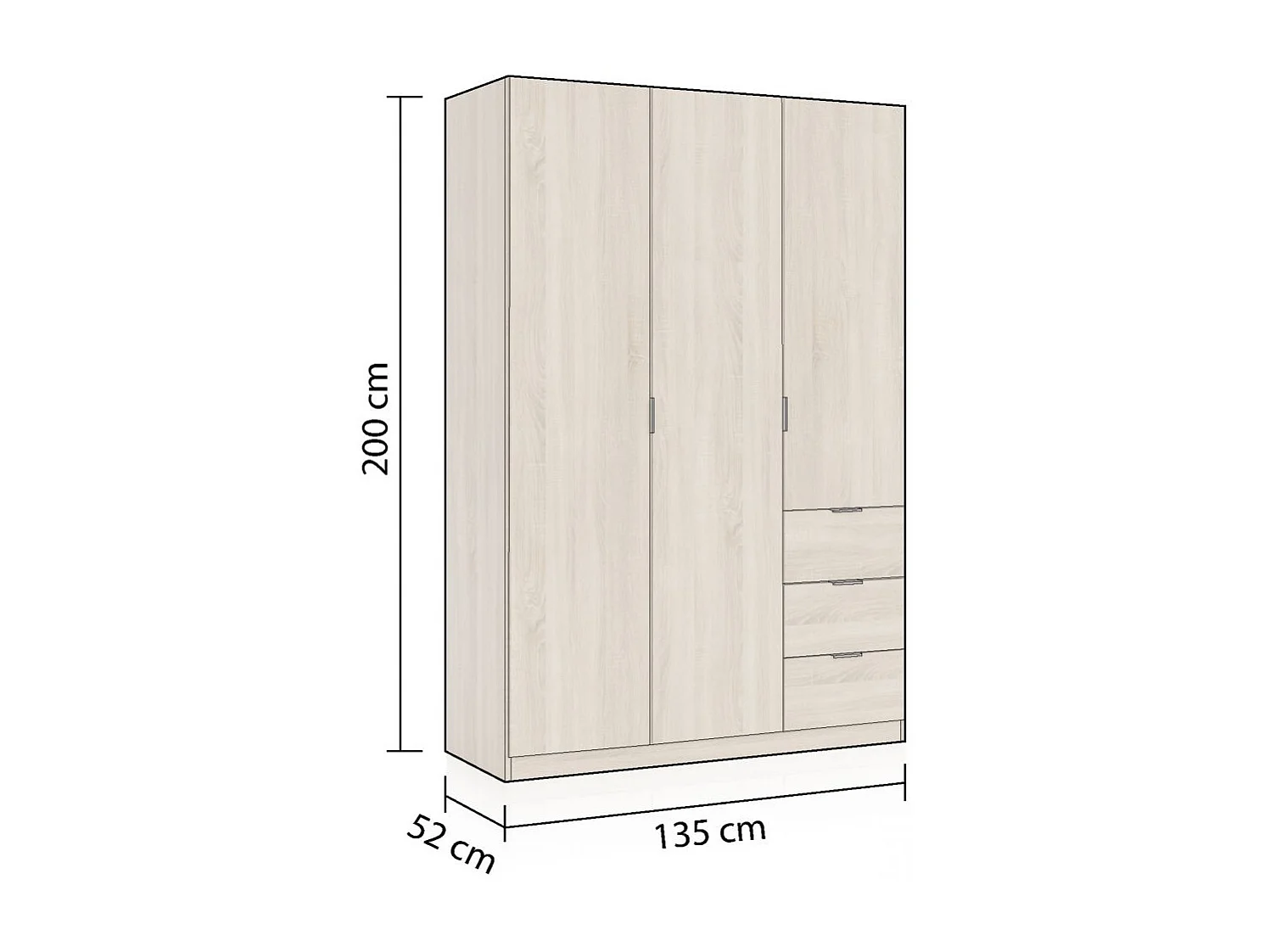 Armario de 3 puertas y 3 cajones en roble canadian 135x200 cm Magan Roble Canadian