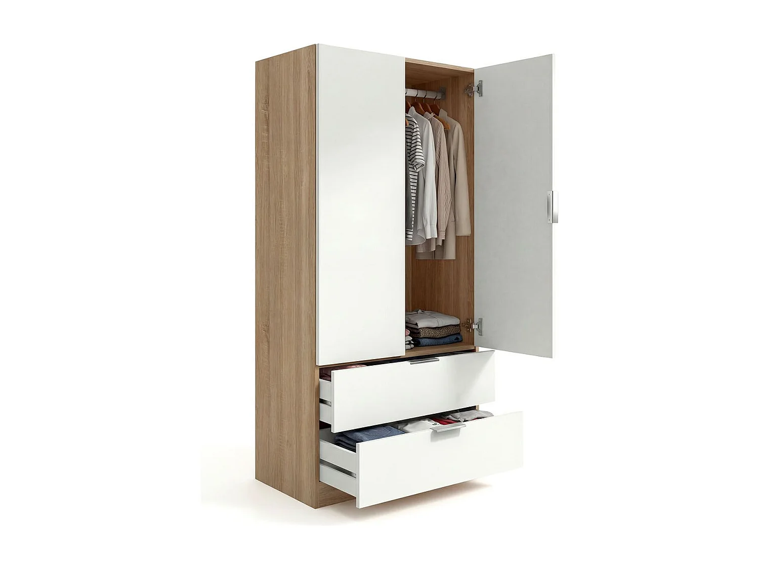 Armario de 2 puertas y 2 cajones en blanco artik y roble canadian 81,5x180 cm Lark Blanco Artik (Blanco Mate) - Roble Canadian