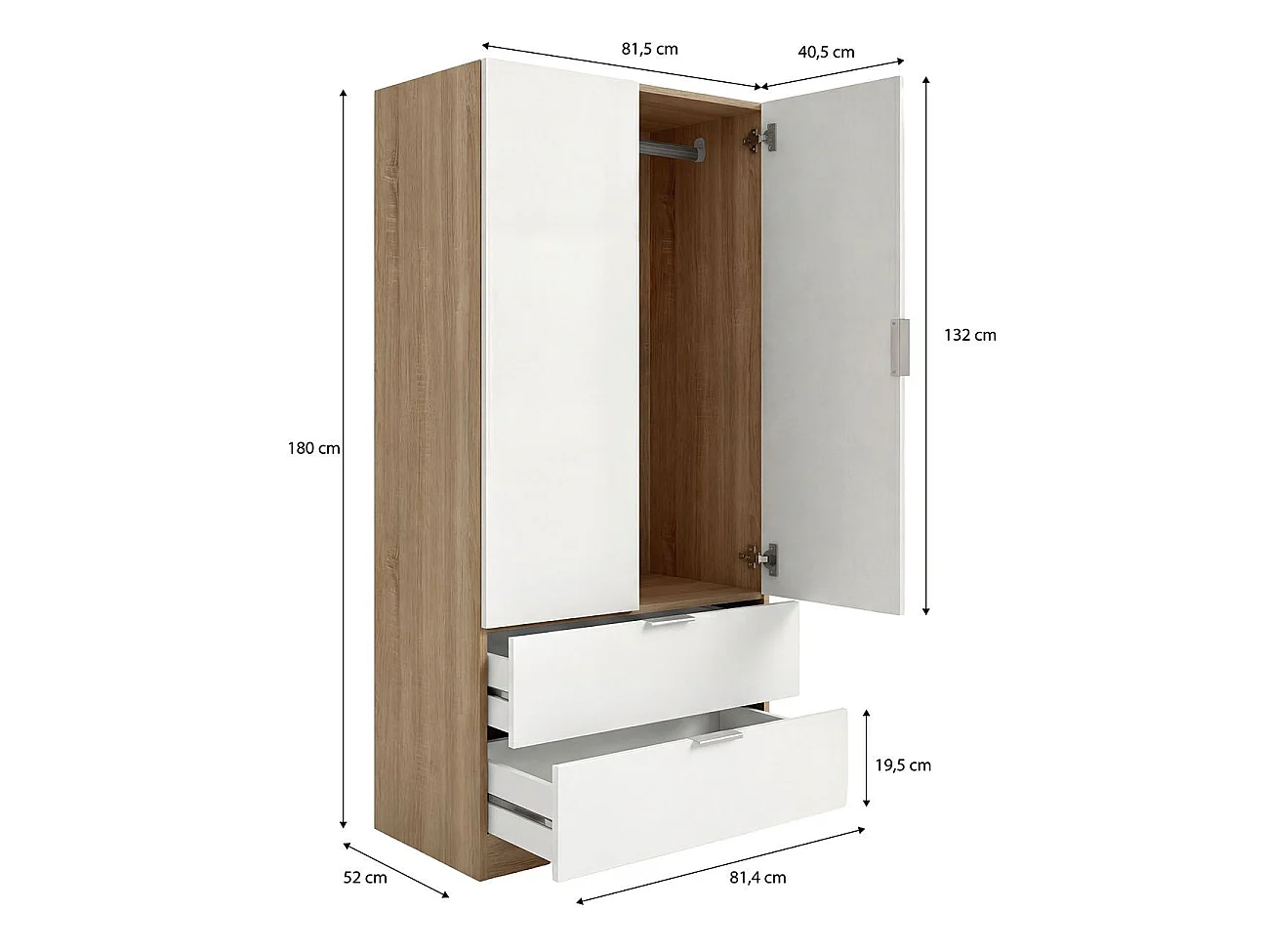 Armario de 2 puertas y 2 cajones en blanco artik y roble canadian 81,5x180 cm Lark Blanco Artik (Blanco Mate) - Roble Canadian