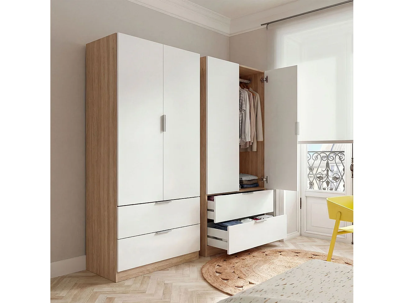 Armario de 2 puertas y 2 cajones en blanco artik y roble canadian 81,5x180 cm Lark Blanco Artik (Blanco Mate) - Roble Canadian