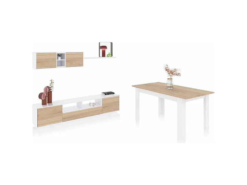 Pack salón con mesa de comedor Kenzo Plus VA Blanco Artik (Blanco Mate) - Roble Canadian
