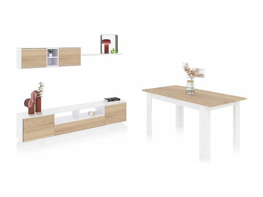 Pack salón con mesa de comedor Kenzo Plus VA Blanco Artik (Blanco Mate) - Roble Canadian