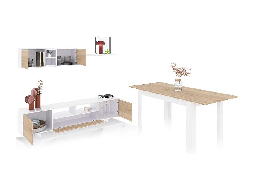 Pack salón con mesa de comedor Kenzo Plus VA Blanco Artik (Blanco Mate) - Roble Canadian