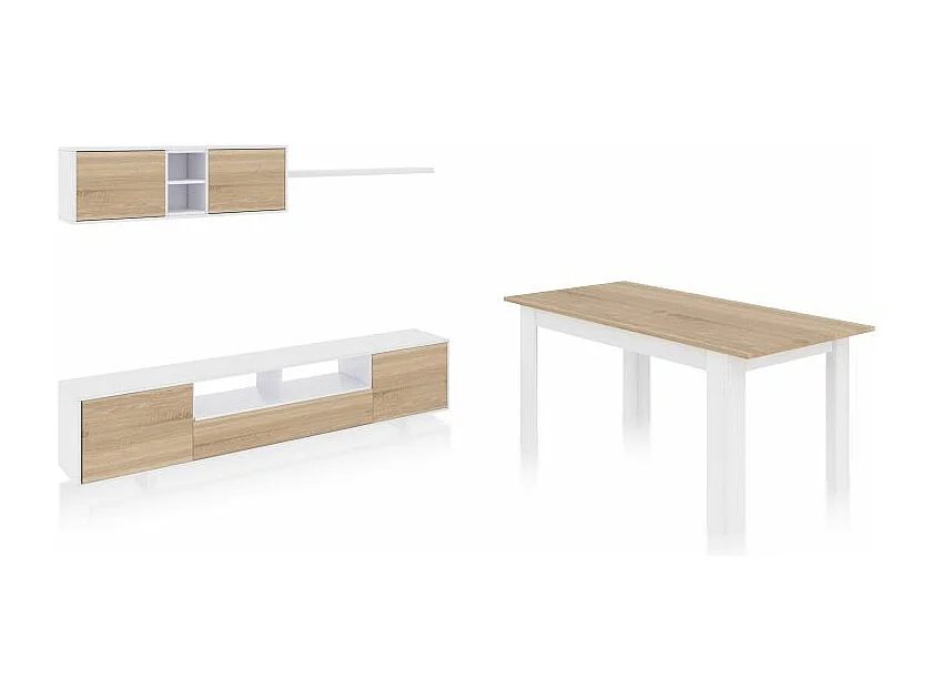 Pack salón con mesa de comedor Kenzo Plus VA Blanco Artik (Blanco Mate) - Roble Canadian