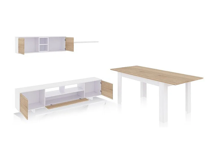 Pack salón con mesa de comedor Kenzo Plus VA Blanco Artik (Blanco Mate) - Roble Canadian