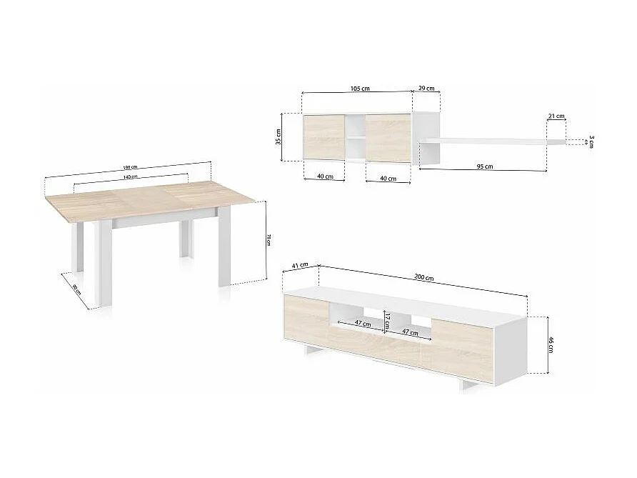 Pack salón con mesa de comedor Kenzo Plus VA Blanco Artik (Blanco Mate) - Roble Canadian