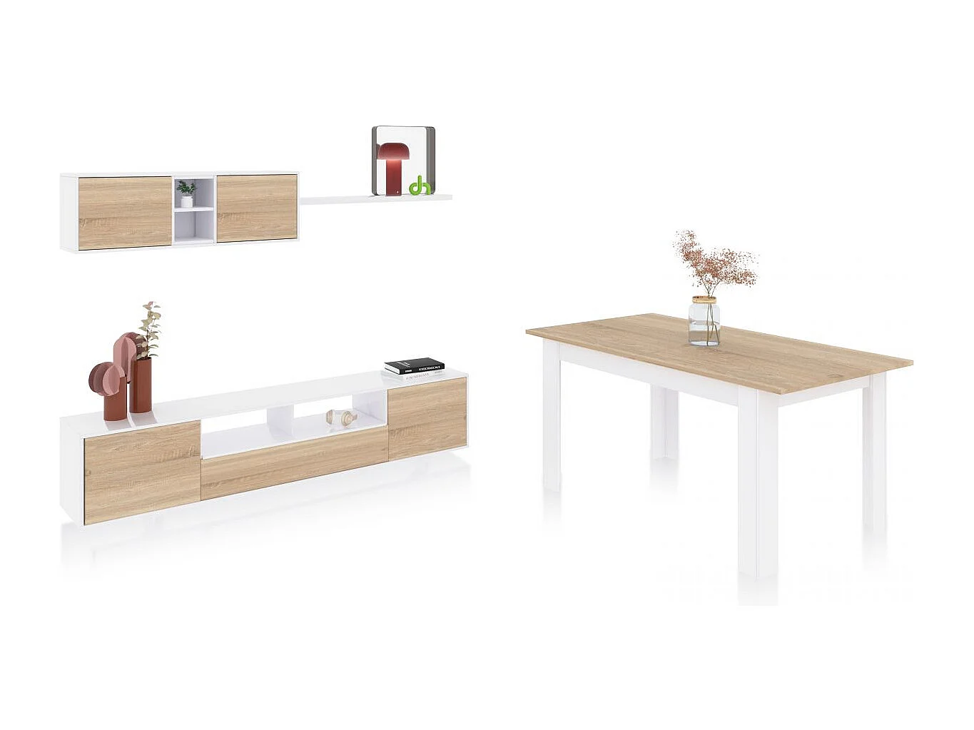 Pack salón con mesa de comedor Kenzo Plus VA Blanco Artik (Blanco Mate) - Roble Canadian