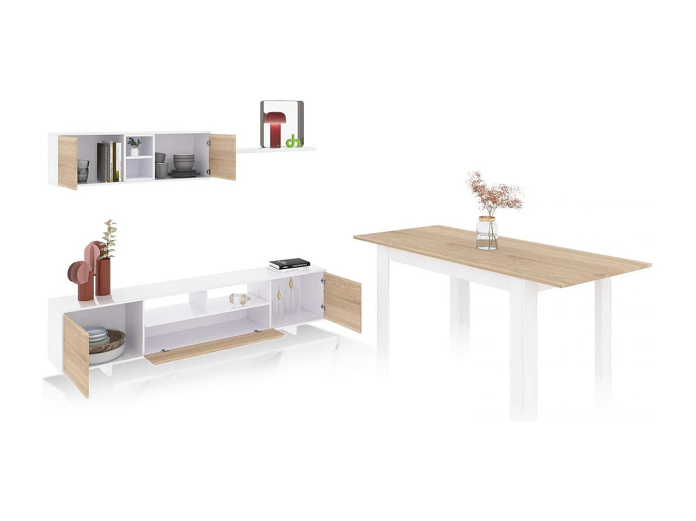 Pack salón con mesa de comedor Kenzo Plus VA Blanco Artik (Blanco Mate) - Roble Canadian