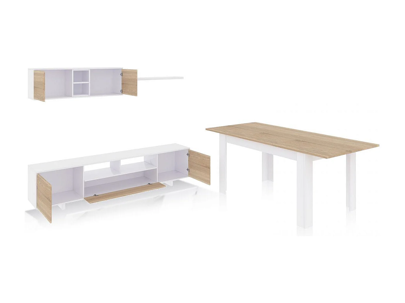 Pack salón con mesa de comedor Kenzo Plus VA Blanco Artik (Blanco Mate) - Roble Canadian