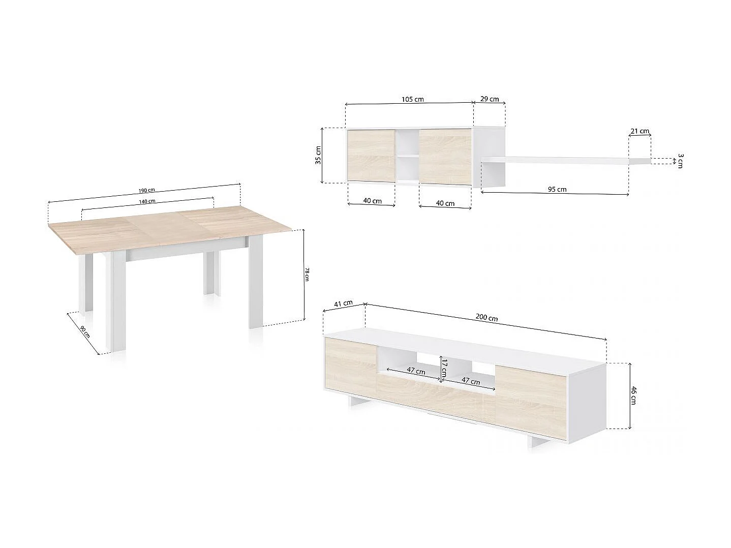 Pack salón con mesa de comedor Kenzo Plus VA Blanco Artik (Blanco Mate) - Roble Canadian