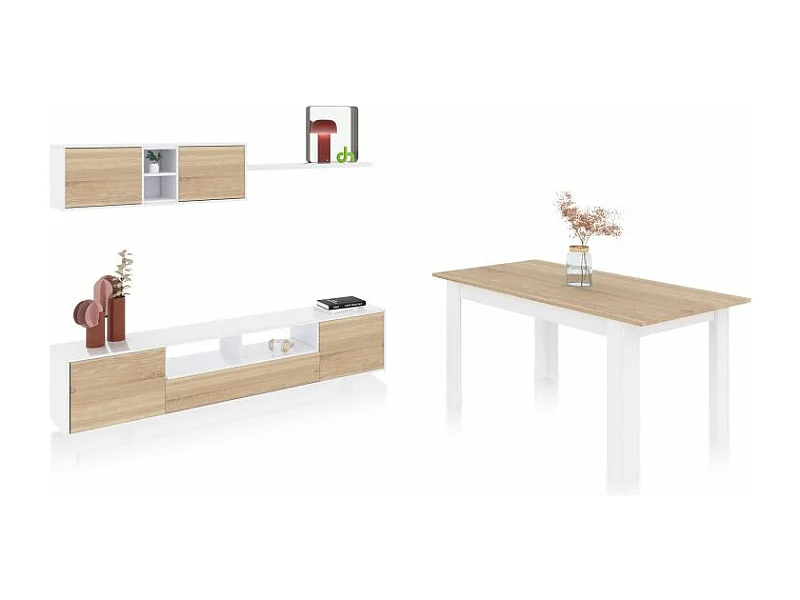 Pack salón con mesa de comedor Kenzo Plus VA Blanco Artik (Blanco Mate) - Roble Canadian