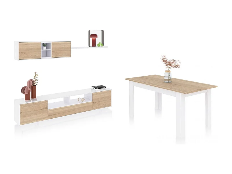 Pack salón con mesa de comedor Kenzo Plus VA Blanco Artik (Blanco Mate) - Roble Canadian