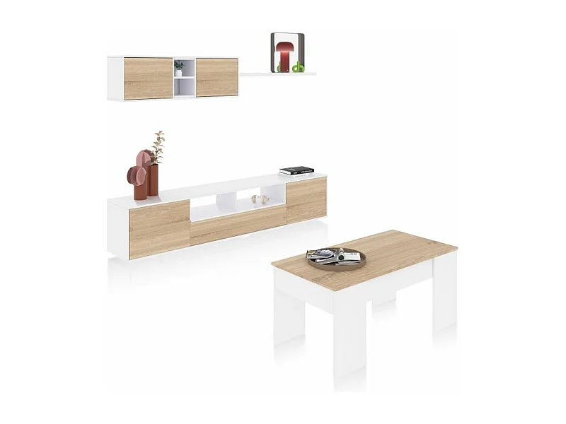 Pack salón con mesa de centro Kenzo Plus V2 Blanco Brillo - Roble Canadian