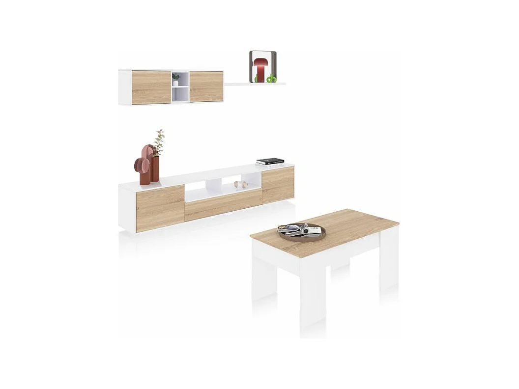 Pack salón con mesa de centro Kenzo Plus V2 Blanco Brillo - Roble Canadian