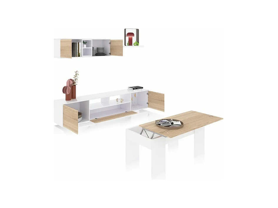 Pack salón con mesa de centro Kenzo Plus V2 Blanco Brillo - Roble Canadian